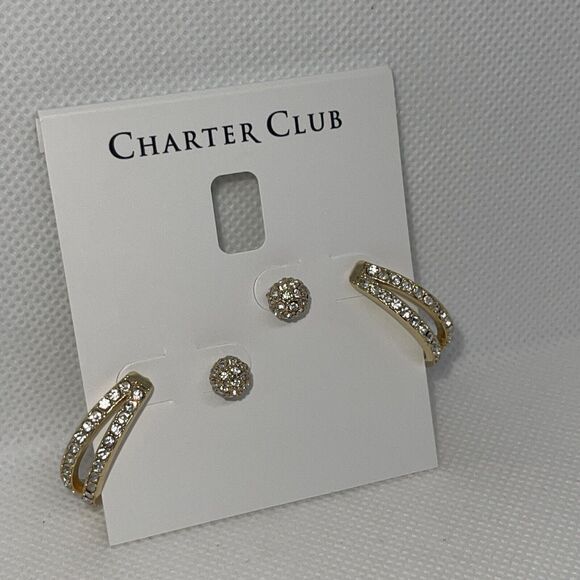 Gold Tone Crystal Earrings (2pc Set) Stunning Chic Fashion Trendy Stylish NWT - Picture 7 of 13